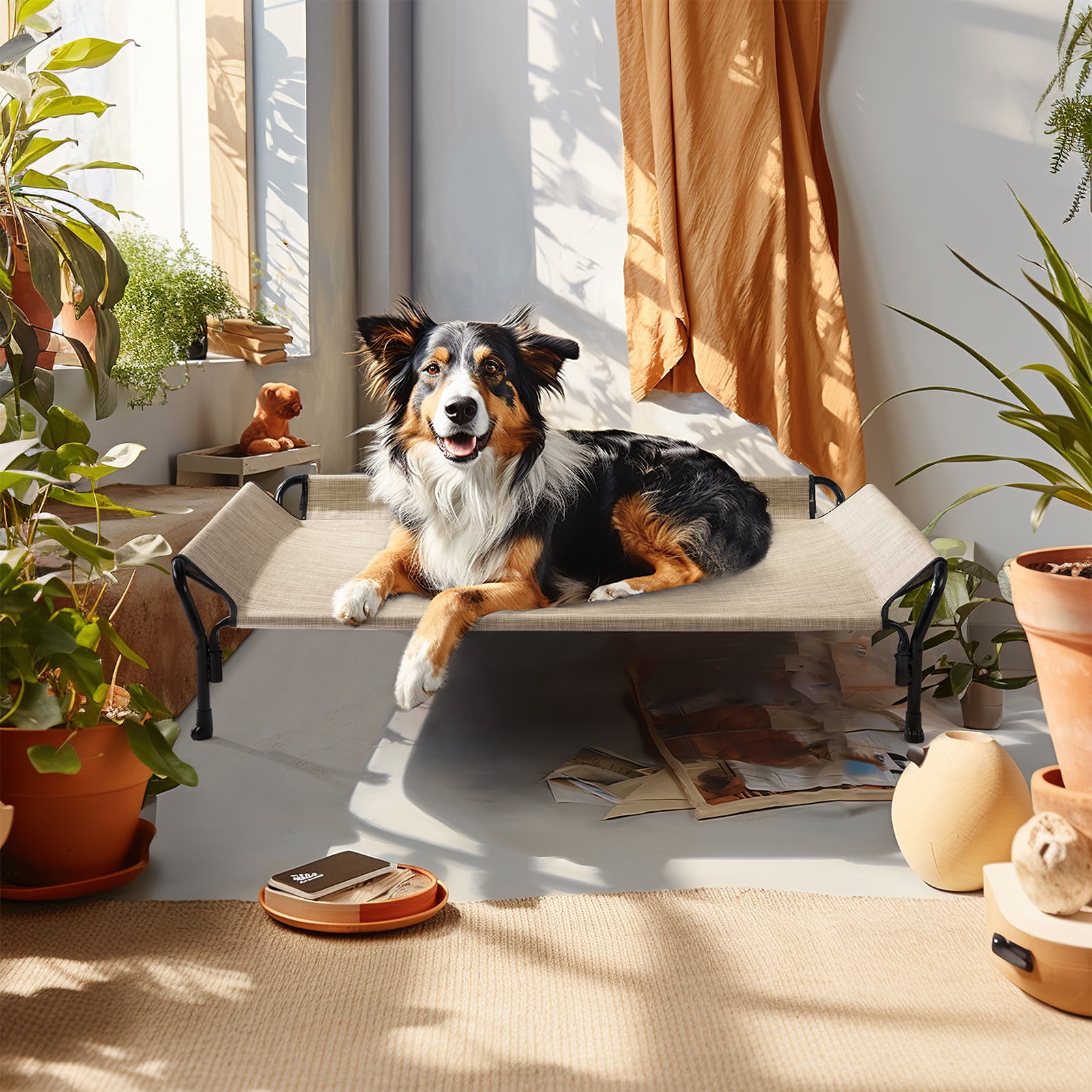 Veehoo Cooling Elevated Dog Bed with Guardrail & Slope Headrest, Teslin Mesh, Large, Beige Coffee