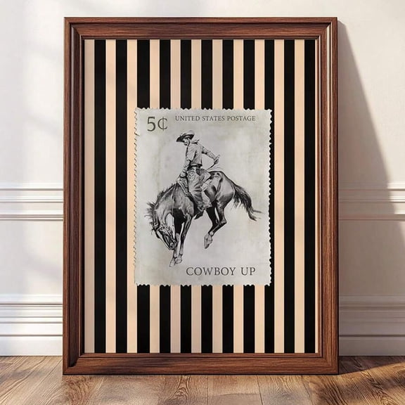 Vintage Cowboy Stamp Canvas Wall Art, Retro Western Rodeo Horse Print With Black Cream Striped Background Vertical Art