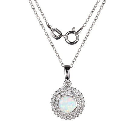 Sterling Silver Created Opal and Created White Sapphire Halo Pendant Necklace, 18