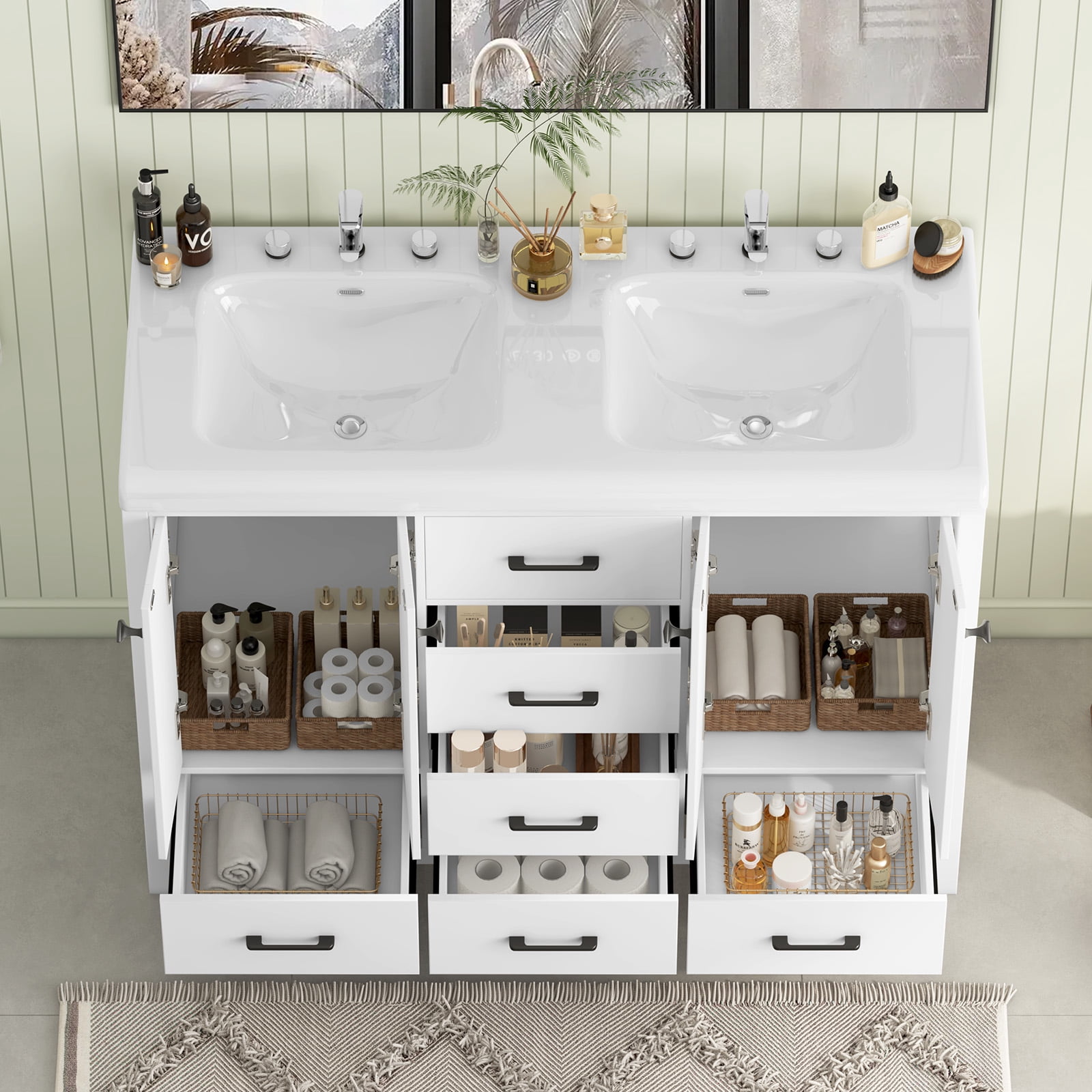 Caulitar 47" Large Bathroom Vanity with Double Ceramic Sink Top, Freestanding Vanity Cabinet 6 Drawers and Shelves, White