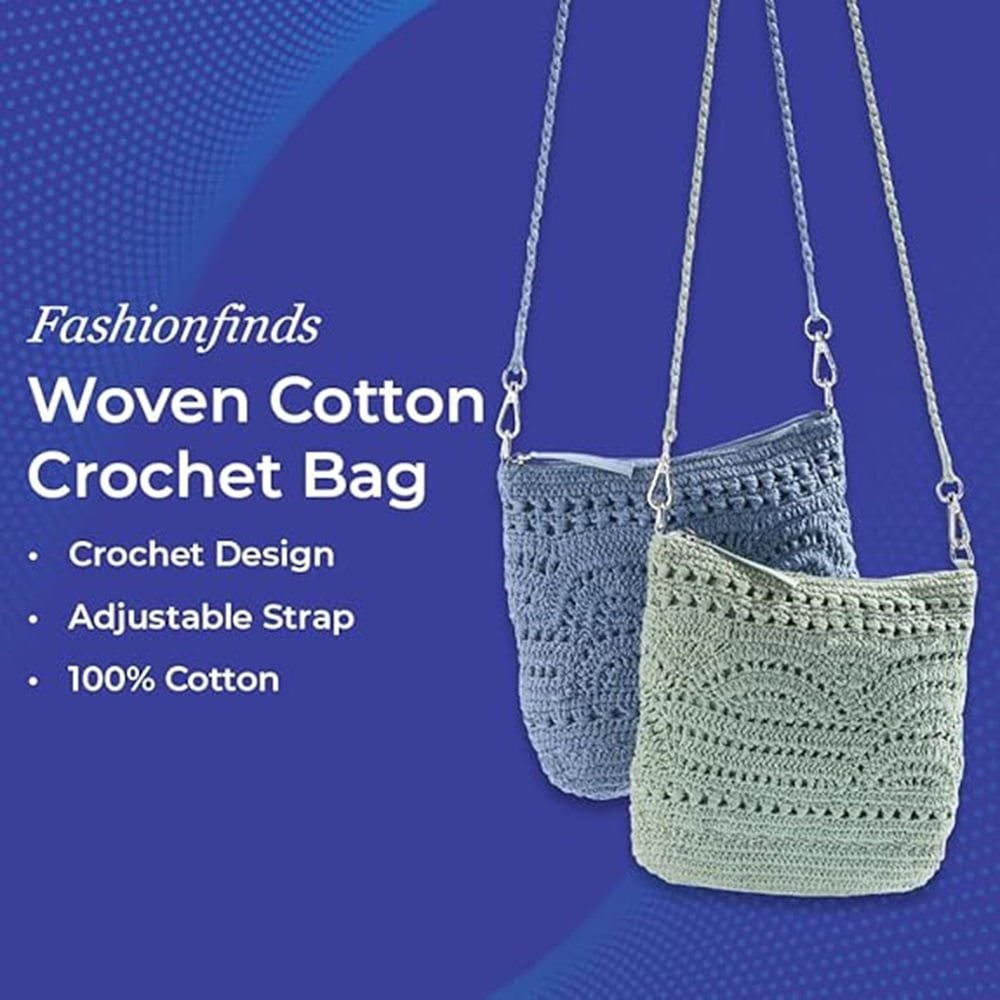 SAGEFINDS Crochet Crossbody Bag, Women's Shoulder Purse with Adustable Strap, 100% Cotton - Blue