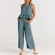thumbnail image 4 of Conjunto de pantalones largos para mujer Conjunto de pantalones de 2 piezas de algodón con cuello redondo Conjunto de diario plisado, 4 of 7