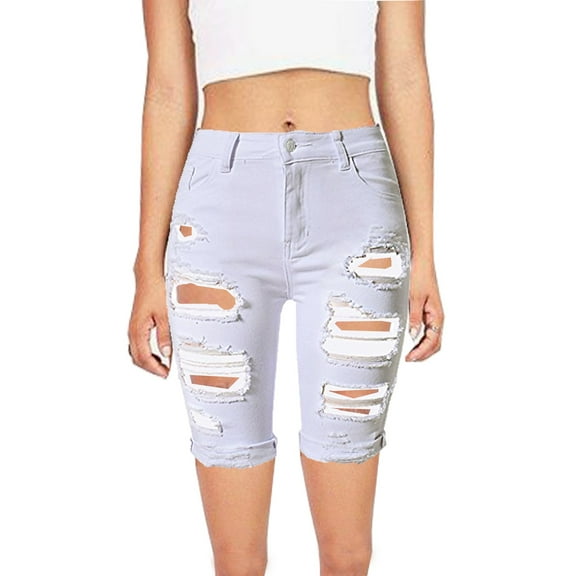 SKYLINEWEARS Women's Distressed Shorts Ripped Hole Mid Rise Knee Length Stretchy Jean Shorts