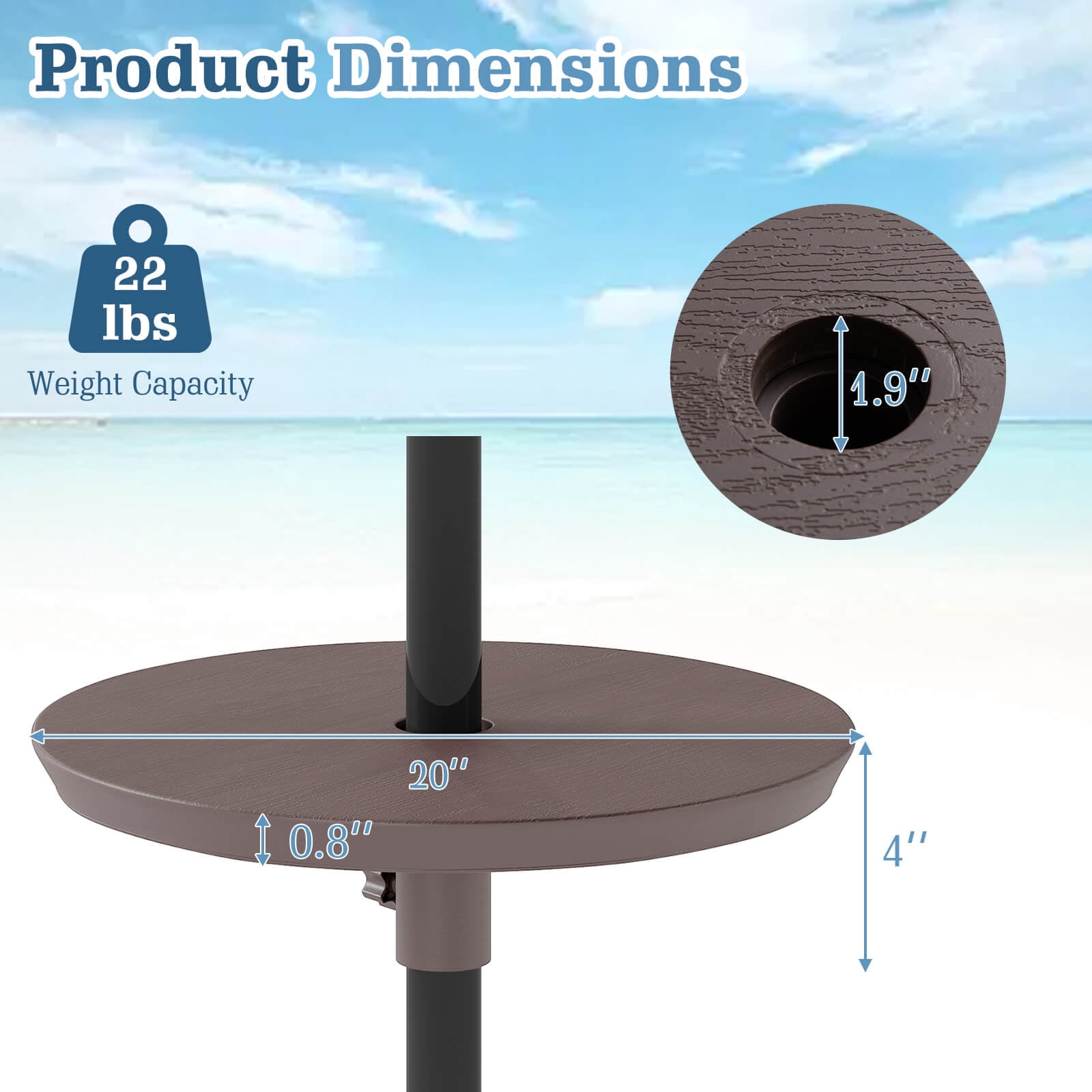 Costway 20” Outdoor Adjustable Umbrella Table for 1.5” & 1.9” Patio Umbrella Pole Coffee