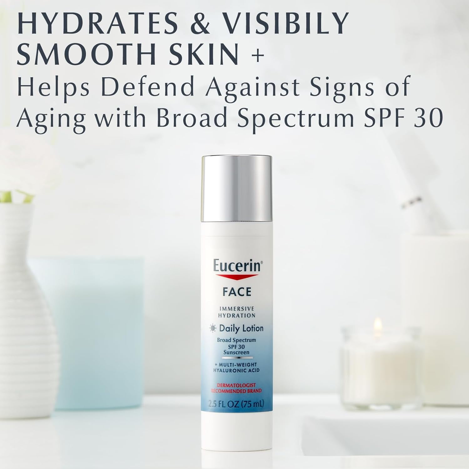 Eucerin Face Immersive Hydration Daily Face Lotion Broad Spectrum SPF 30 Sunscreen, Daily Moisturizer with Hyaluronic Acid Smooths Fine Lines and Wrinkles, 2.5 Fl Oz Bottle
