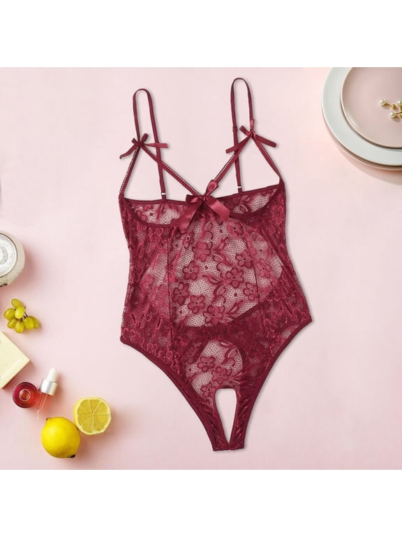 Relanfenk Women Bow Lace Hollow Open Crotch Teddy Bodysuit Backless Jumpsuit Lingerie
