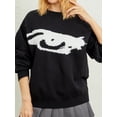 thumbnail image 2 of hirigin Women's Spring Autumn Knitted Sweater Black Long Sleeve Pattern Print Loose Knitwear, 2 of 9