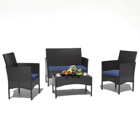 ASJMR 4 Pieces Outdoor Patio Furniture Sets Wicker Rattan Conversation Chair Set with with Cushions & Tempered Glass Table for Patio Pool Backyard,Navy