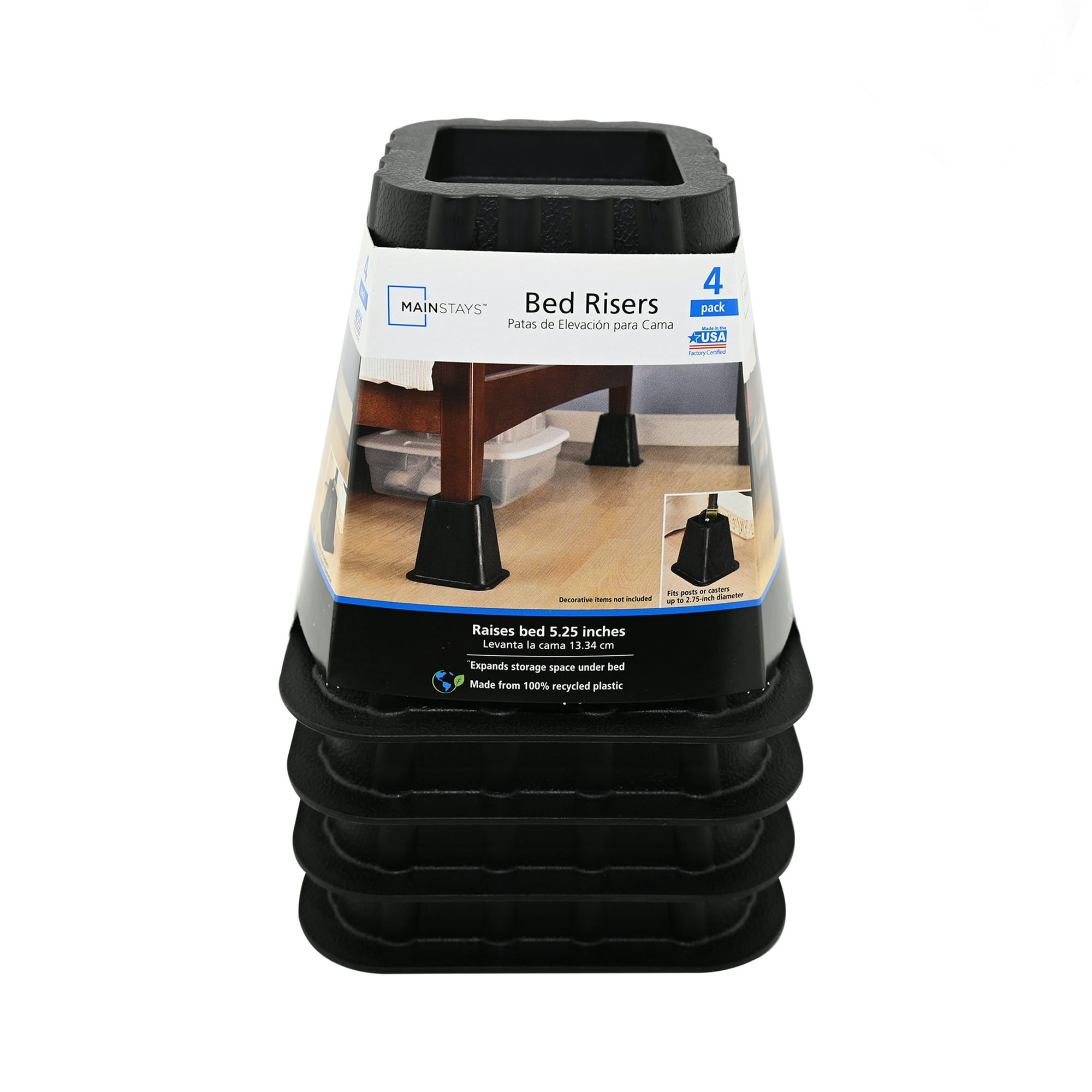Mainstays Black Plastic Bed Risers to Raise Your Bed for Storage, 4 Pack, 6.50 in x 6.50 in x 6 in