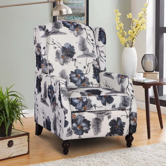 Floral Upholstered Wingback Recliner Chair - Modern Push Back Recliner Chair with Padded Seat, Wingback Reclining Chair for Living Room, Floral Ink