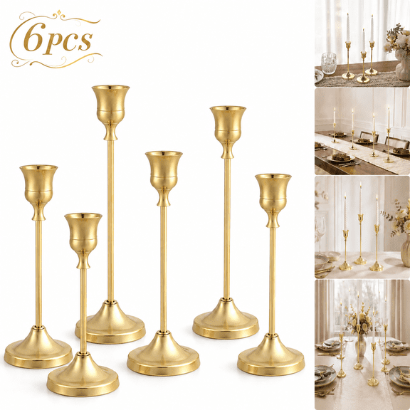 Genreen 6PCS Candlestick Holders , Metal Taper Candle Holder, Gold Candle Holders for Pillar Candles, Candle Holder for Halloween Decorations