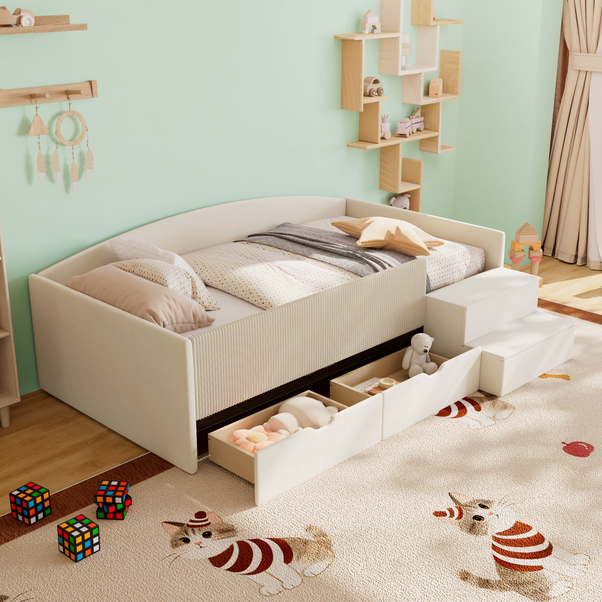 Mintazer Twin Size Upholstered Floor Daybed Frame with Safety Guardrail & 2 Storage Drawers & Stairs for Todder Kids, Beige
