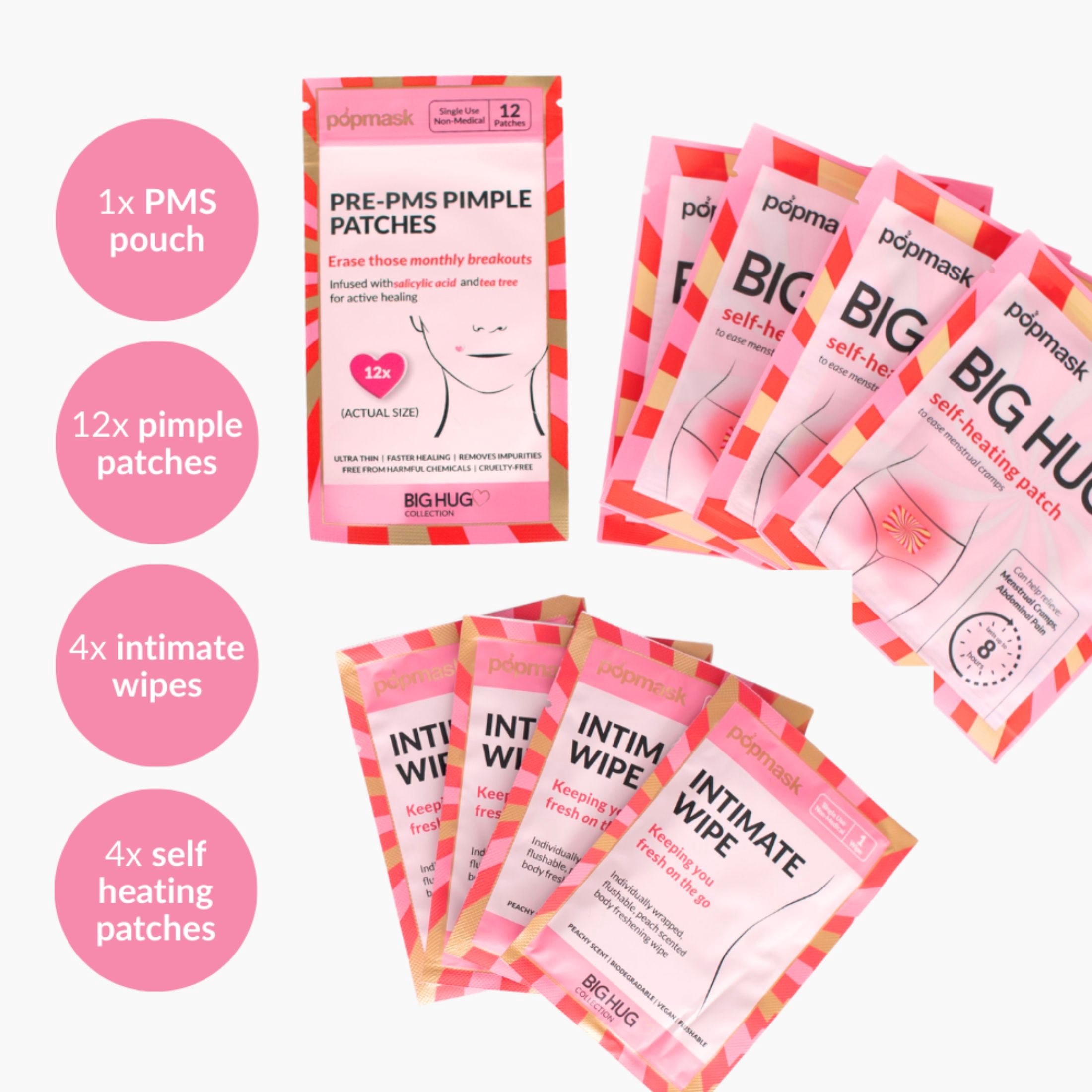 (2 pack) Popmask PMS Care Pouch – Big Hug Collection with 4 Self-Heating Cramp Patches, 12 Pimple Patches, and 4 Intimate Wipes