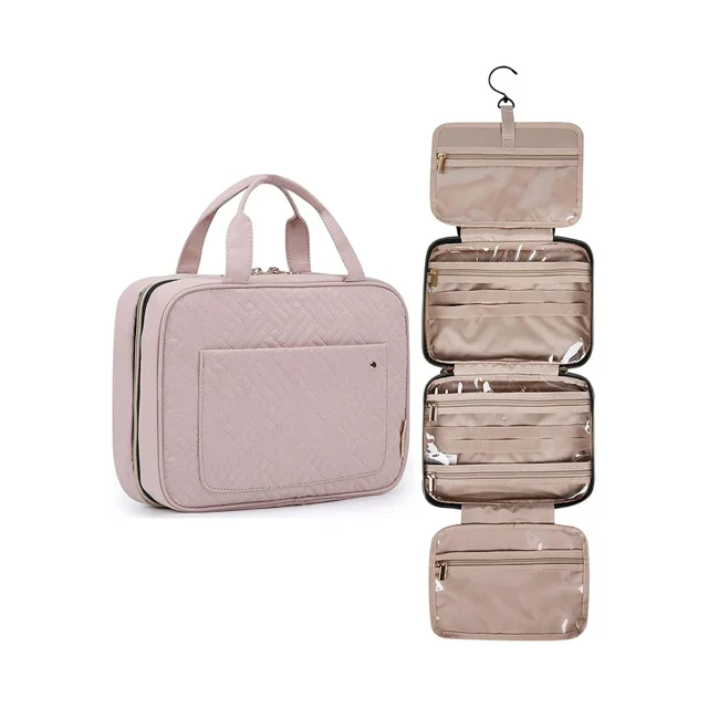 Neceser de viaje con gancho para colgar, resistente al agua, para maquillaje y cosméticos, organizador de viaje para accesorios - Rosa bebé mediano XFDS