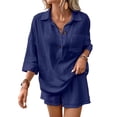 thumbnail image 2 of WAYUTE Shorts Sets Women 2 Piece Outfits Casual Solid Color Blend Short Sleeve Lapel Shirt and Shorts Loungewear Sets Matching Clothing, 2 of 7