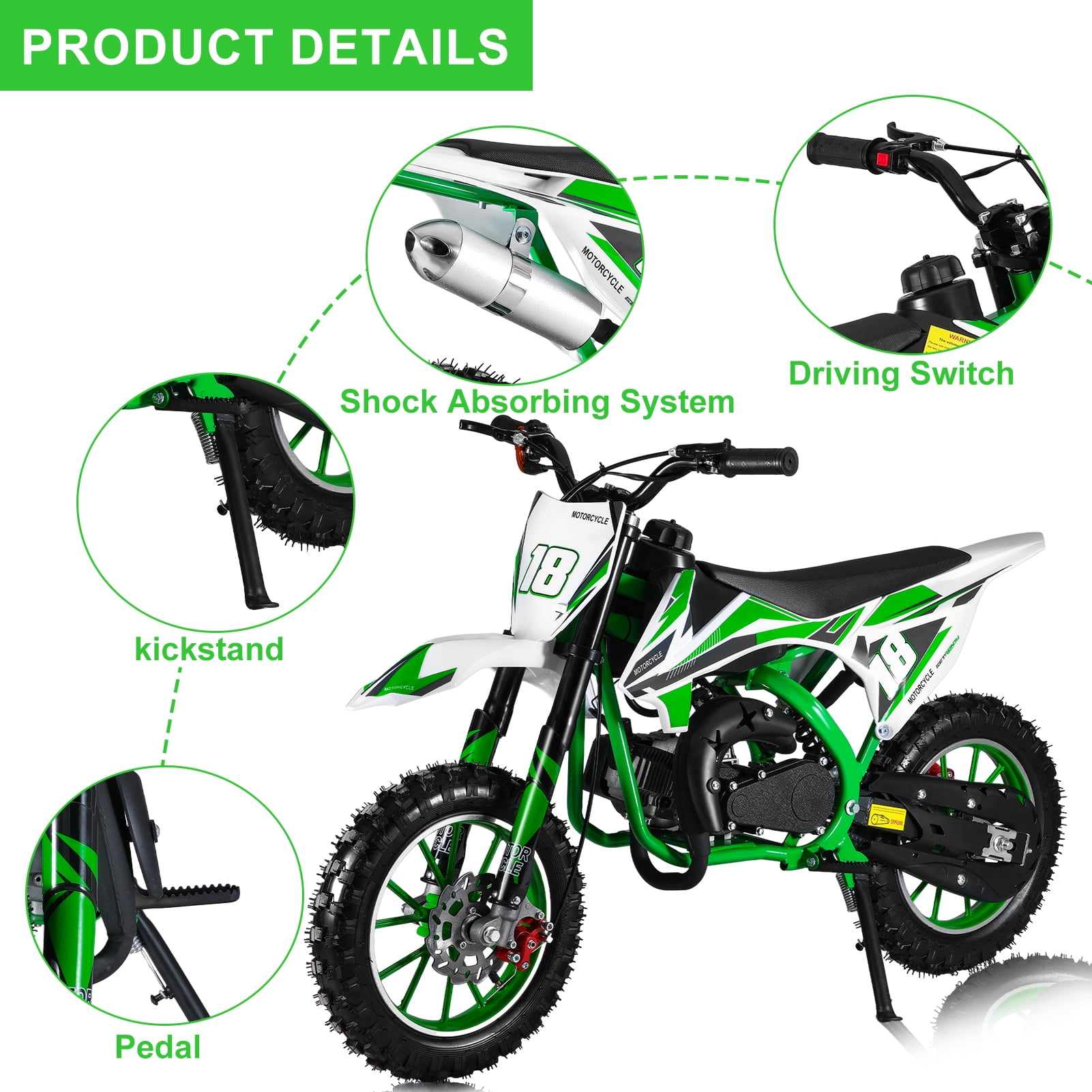 Kids Dirt Bike - 49cc 2-Stroke Gas Power with Front & Rear Disc Brakes, Off-Road Mini Motorcycle & Pocket Motorbike (Green)