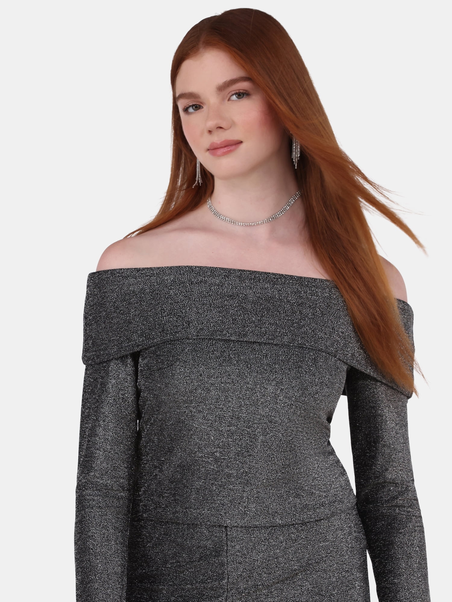 No Boundaries Metallic Off the Shoulder Top and Flare Pant Set, 2-Piece, Women's