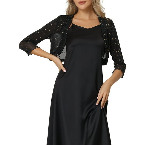 INSPIRE CHIC Star Mesh Cardigan for Women's Metallic Long Sleeve Party Crop Sheer Bolero Shrug XS Black