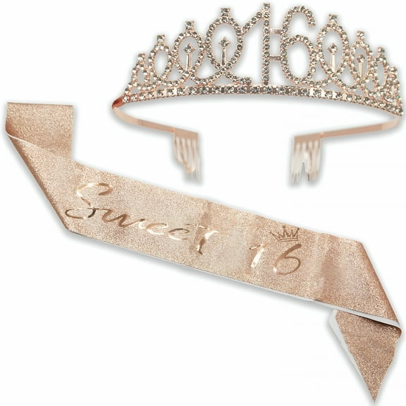 ACDANC 16 Tiara And Sash For Girls,Birthday Rhinestone Crown 16 & Decorative Satin Sash,Sweet 16 Years Birthday Gifts For Girls Happy 16th Birthday Party Favor Supplies