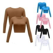Outfmvch crop tops for women Slim Long-sleeved Round Neck Basic Short womens tops crop tops Black