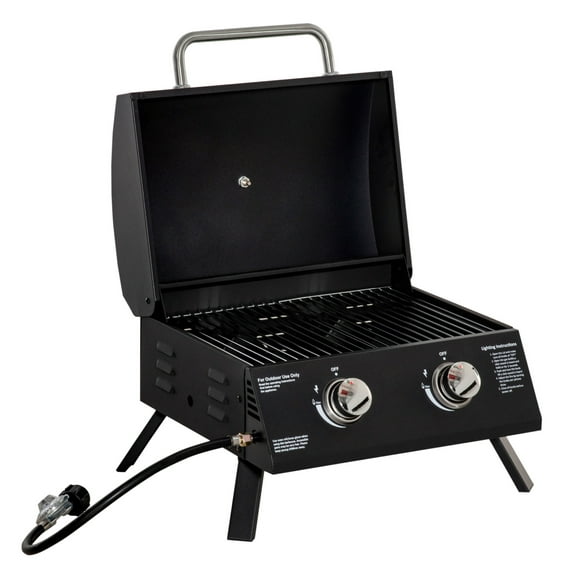 Outsunny 2 Burner Propane Gas Grill Outdoor Portable Tabletop BBQ with Foldable Legs, Lid, Thermometer for Camping, Picnic, Backyard, Black