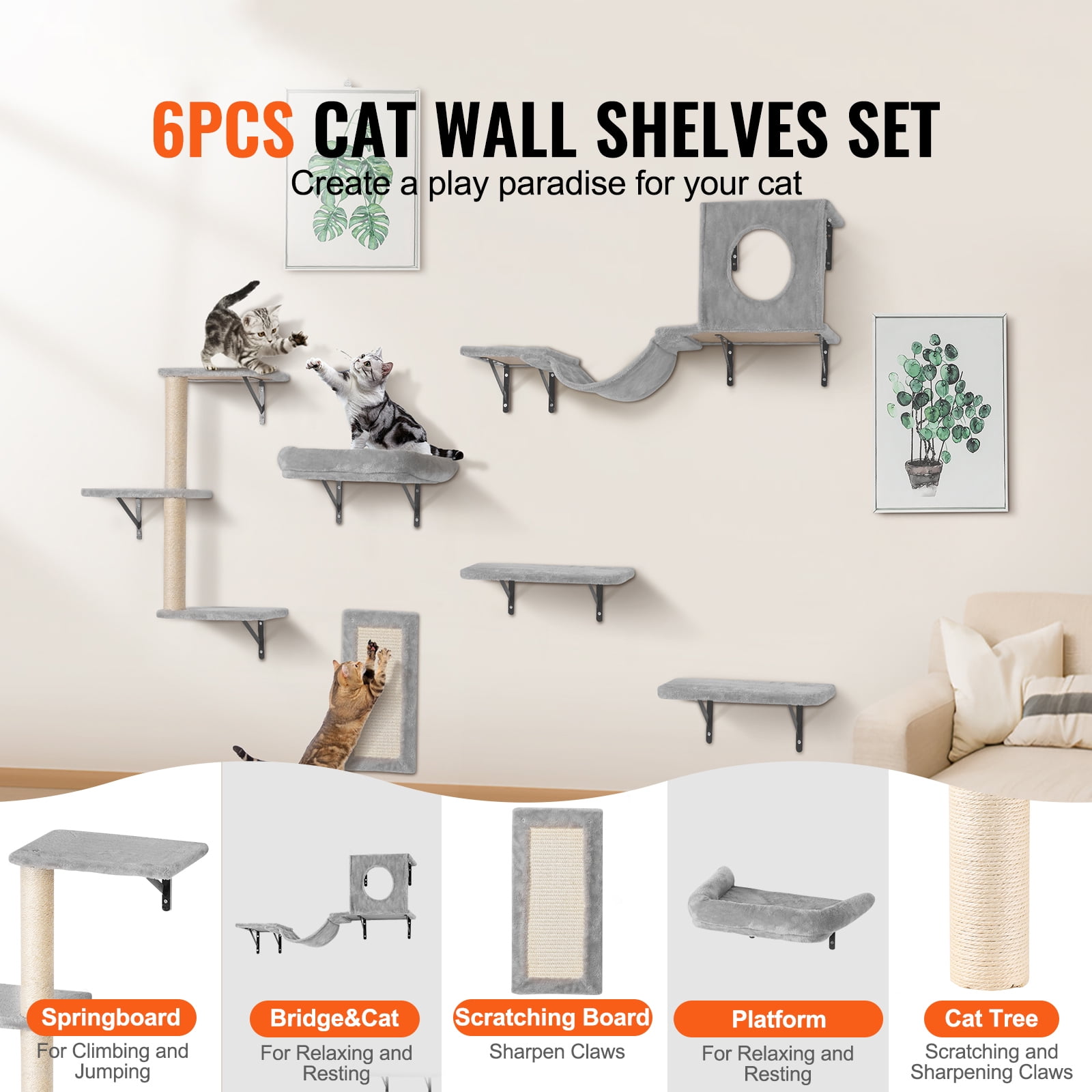 KFFKFF Cat Wall Mounts, Set of 6, Includes Jump Platforms, Hammock, Couch, Cat Tower & Grip, Cat Play and Rest Furniture, Supports up to 40 lbs, Ideal for Sleep, Play, and Climb