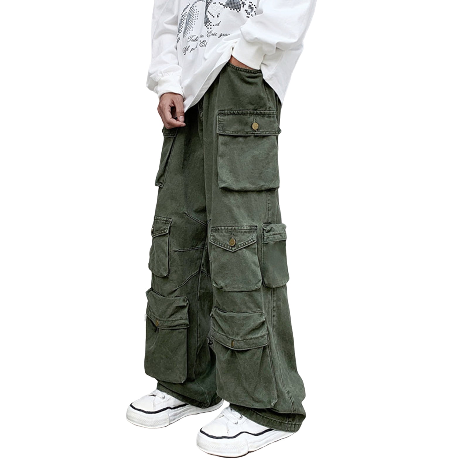 Style Mid Pants Trousers Street for Straight Cargo Men Multi American Overalls Color Retro Waist Daily Loose Pockets Wear Solid