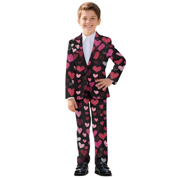 Xoenoiee Heart Love Print Boys' Formal Suit 2 Piece Set Blazer Set Valentine's Day Toddler Tuxedos for Wedding, Suits for Teens Boy Dress School Clothes, 5-6 Years