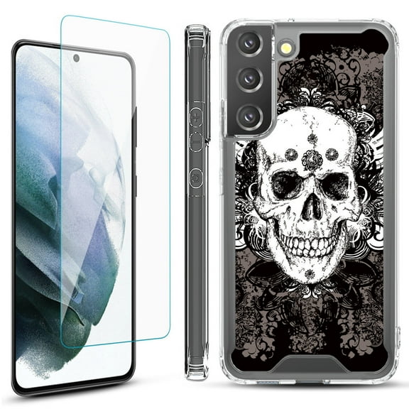 Shockproof Bumper Phone Case for Samsung Galaxy S22  / S22 Plus 5G, with Tempered Glass Screen Protector, by OneToughShield ® - Grunge Skull