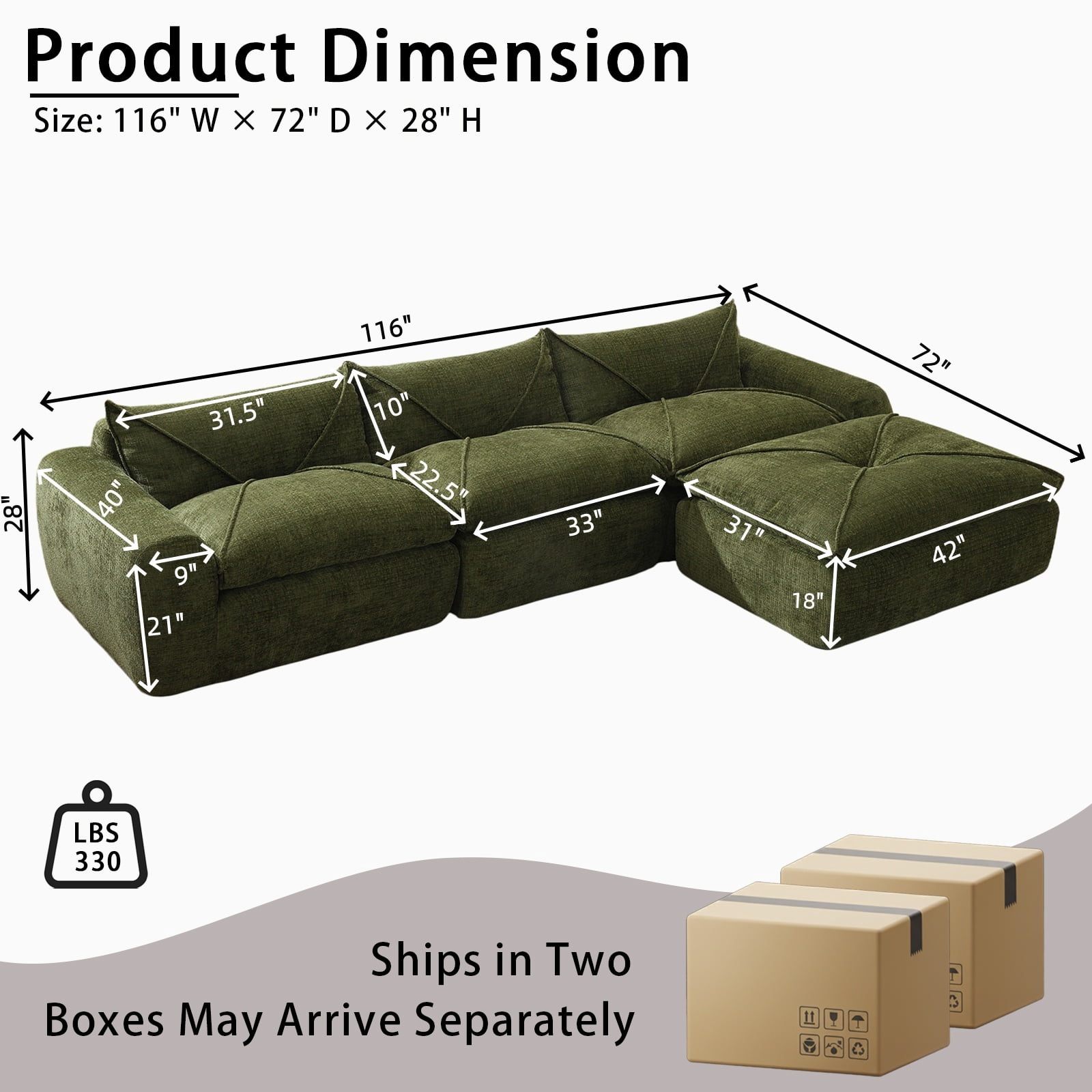 EPOWP 116'' Modular Sectional Couch, Chenille Boneless Cloud Couches, Fully Compressed Sofa with High Density Foam, Convertible L Shaped Sectional Sofa for Living Room, No Assembly(Green)