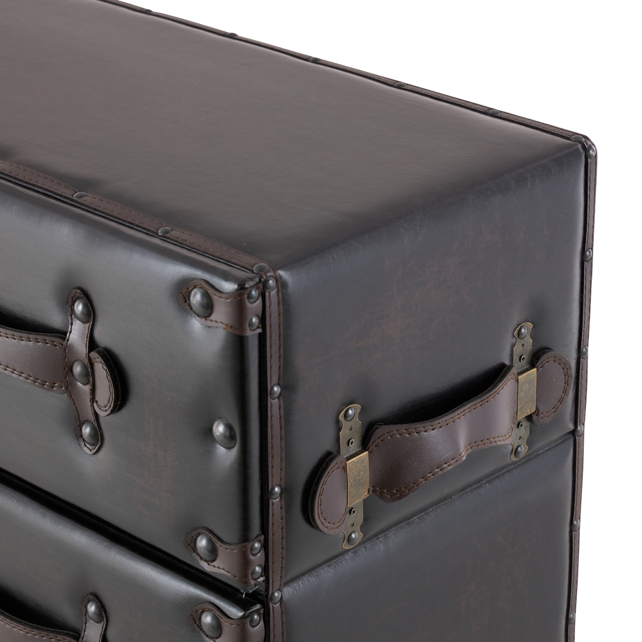 DecMode 32" x 28" Black Wood Vintage Faux Leather Chest with Rivets and Straps Detailing, 1-Piece