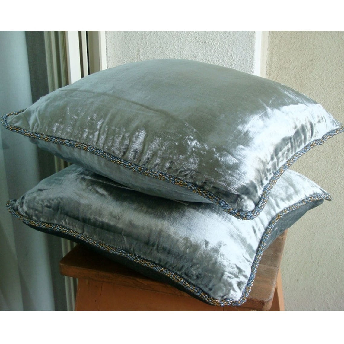 Cushion Covers, Silver Pillow Case, Solid Color Beaded Cord Throw Pillows Cover, 14x14 inch (35x35 cm) Decorative Pillow Cover, Square Velvet Pillowcase, Solid - Silver Shimmer