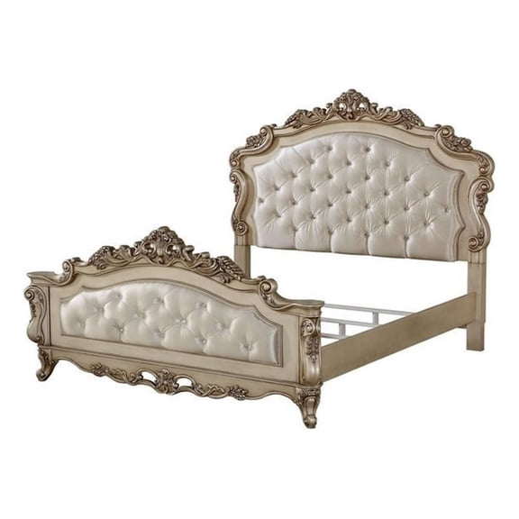 Pemberly Row Tufted Eastern King Panel Bed in Cream Fabric and Golden Ivory