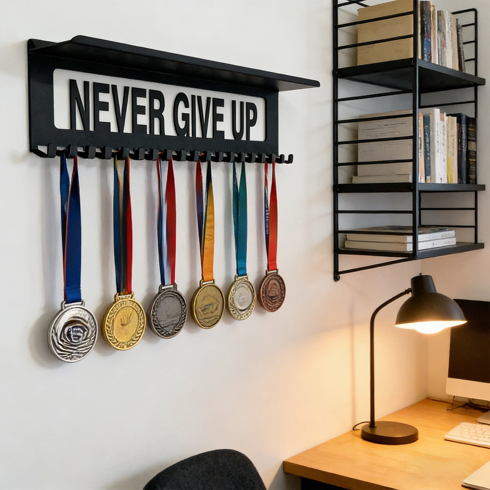 Medal Hanger Display Rack Trophy Shelf Medal Wall Mount Hanger Sport Race Gymnastic Soccer Football Basketball Award Storage Organizer Wall Mounted Medal Holder Iron Medal Display Rack