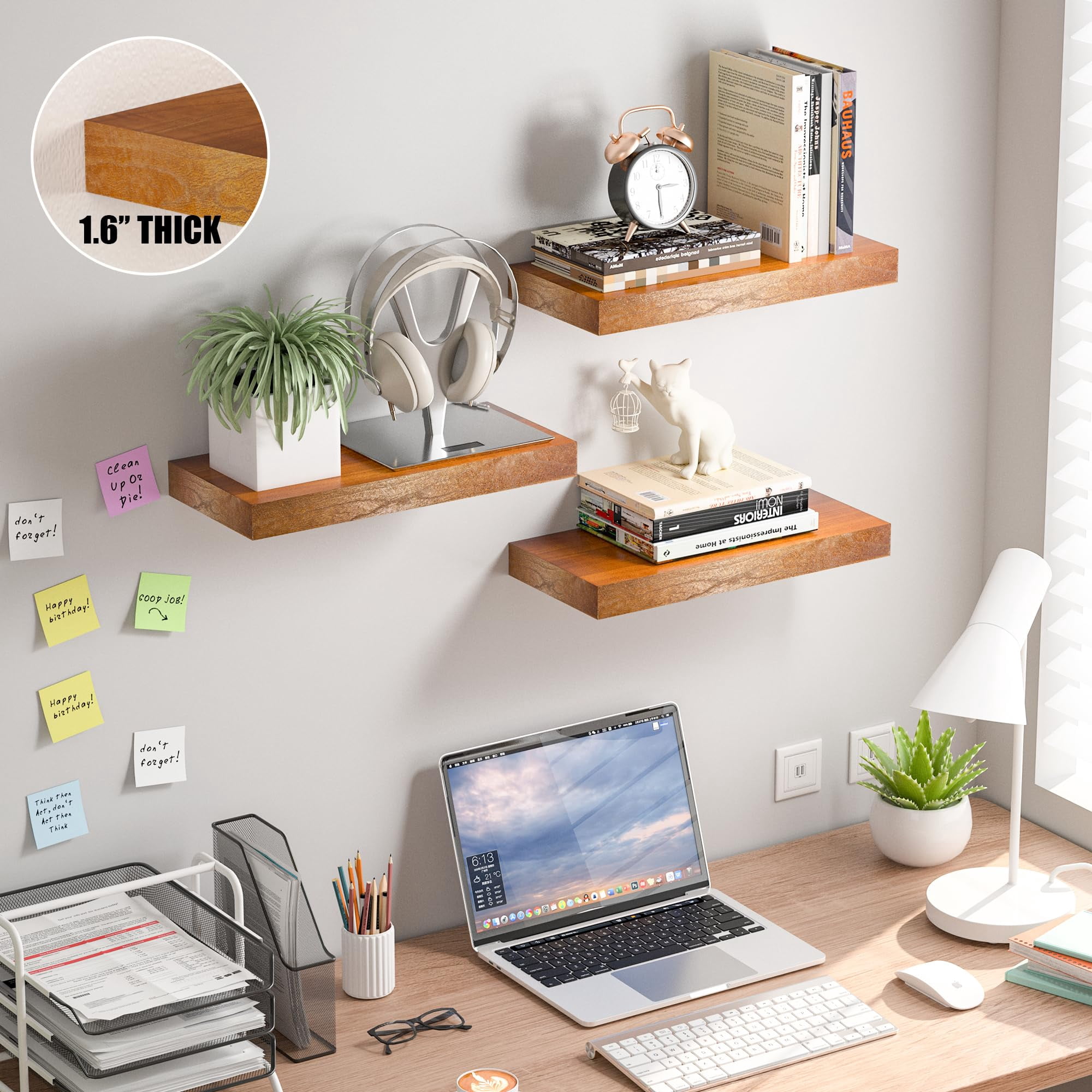 Floating Shelves for Wall Set of 3-Rustic Brown Solid Wood Wall Mounted Shelves,16" Long x 7" Deep x 1.6" Thick,Heavy Duty Shelving for Bedroom, Living Room, Kitchen, Bathroom (16inch)