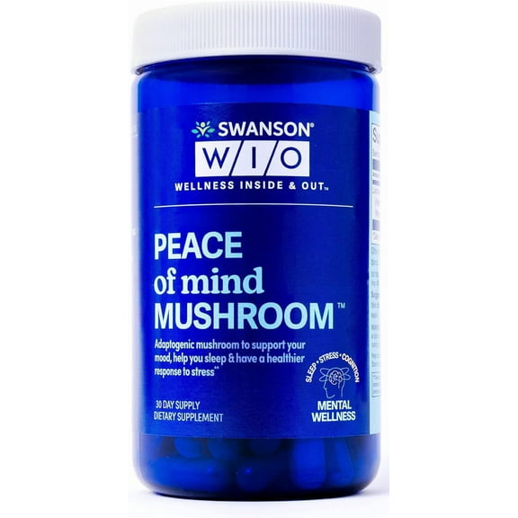 Swanson WIO™ PEACE of mind MUSHROOM™ Better Sleep, Stress Support, Better Mood, 500 mg Lion's Mane Mushroom, May Support Cognition, Mental Wellness, Adaptogen, 60 Capsules (30-Day Supply)