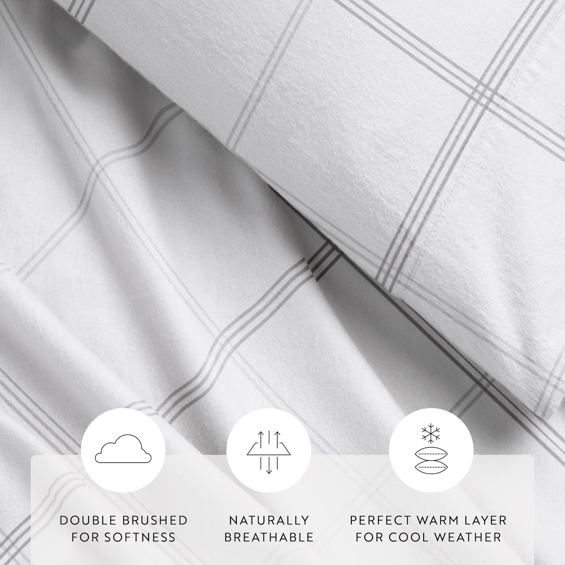 Gray Checkered 4 Piece 100% Cotton Flannel Deep Pocket Sheet Set, Full, by Noble Linens