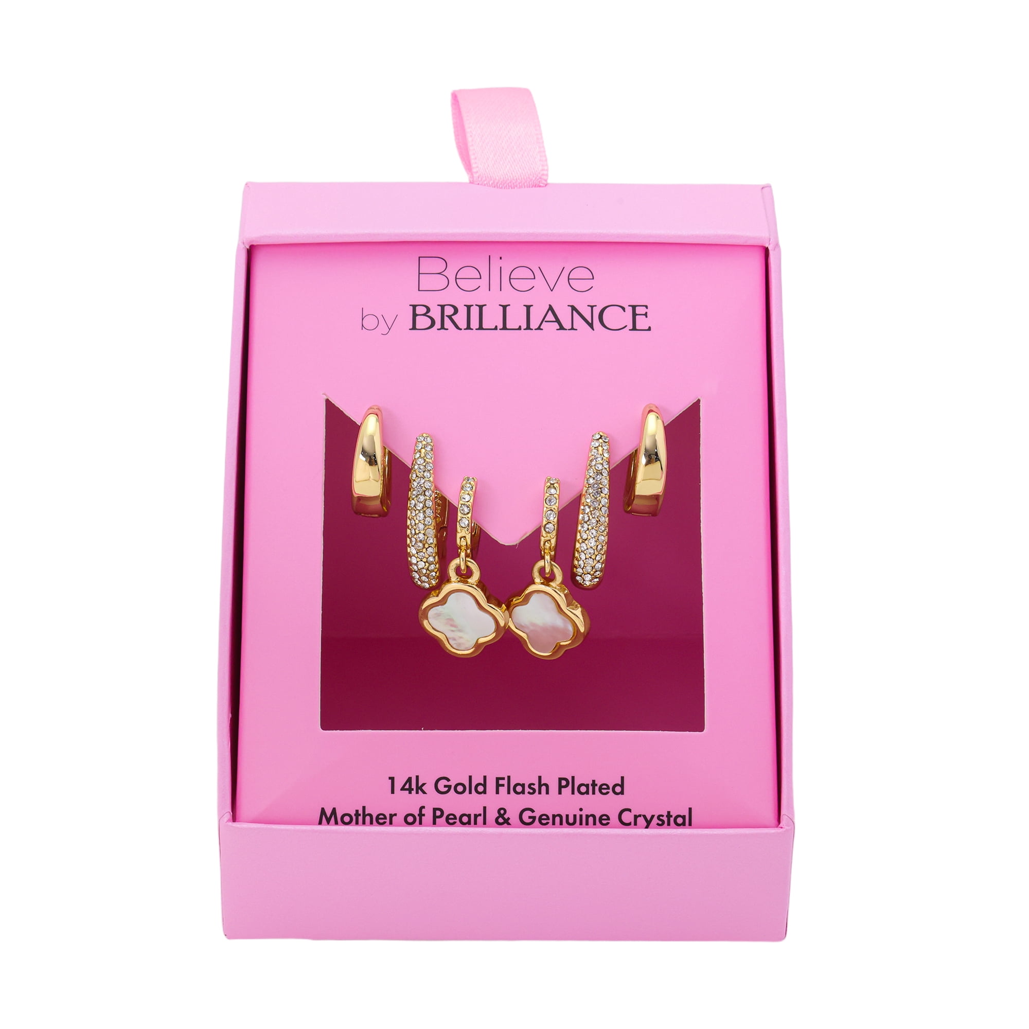 Believe by Brilliance Women's 14Kt Gold Flash Plated Mother of Pearl and Glass Trio Hoop Earring Set