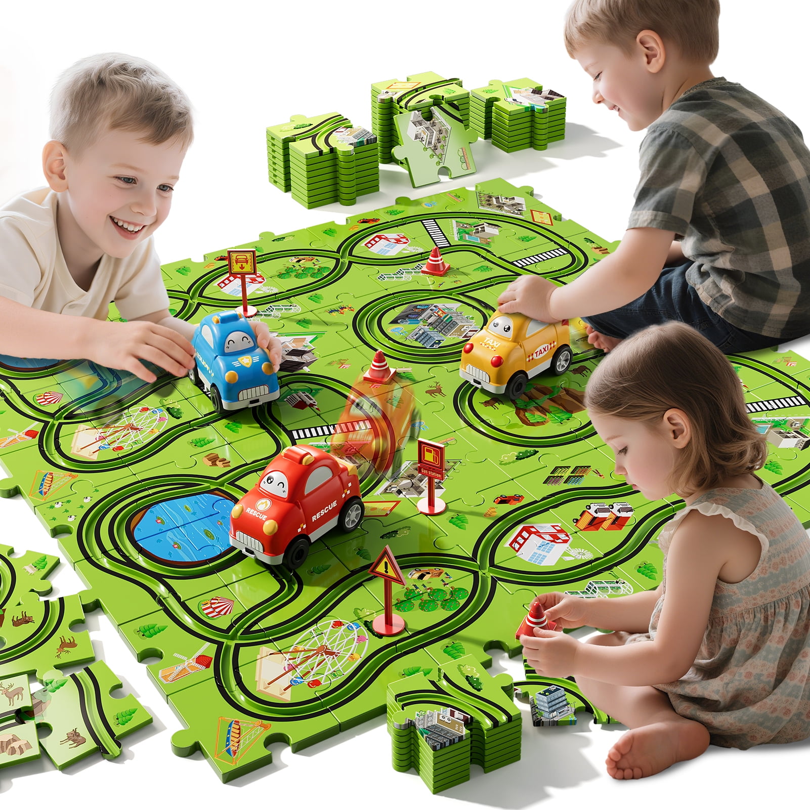 iHaHa 73 Pcs Puzzle Race Car Set Toys for Kids Ages 3-6 Years Old Boys, Puzzle Track Toys Gifts for Ages 3 4 5, Race Car Track Toys