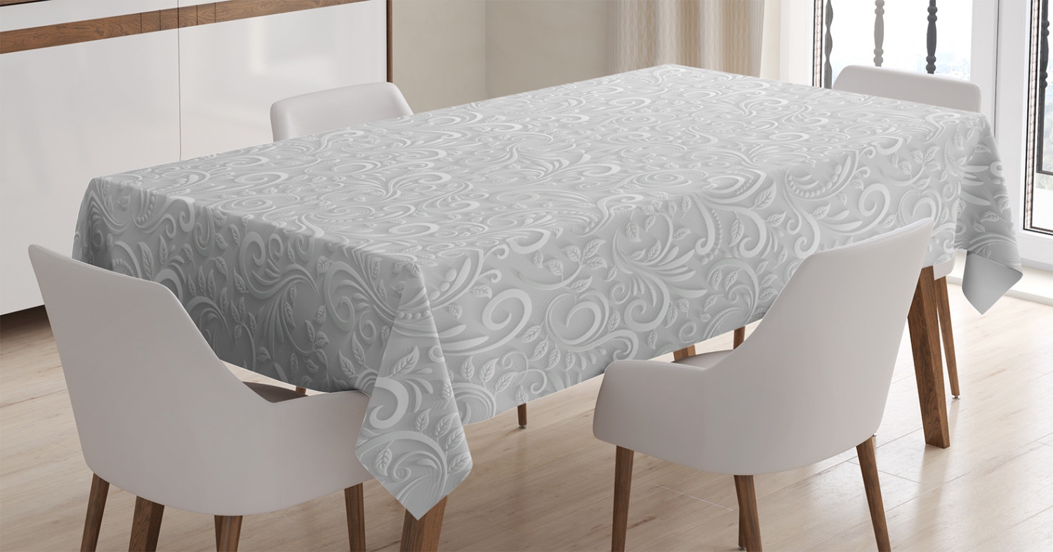 Grey Decor Tablecloth, Floral Swirling and Curving Victorian Pattern Embossing Effect Branches
