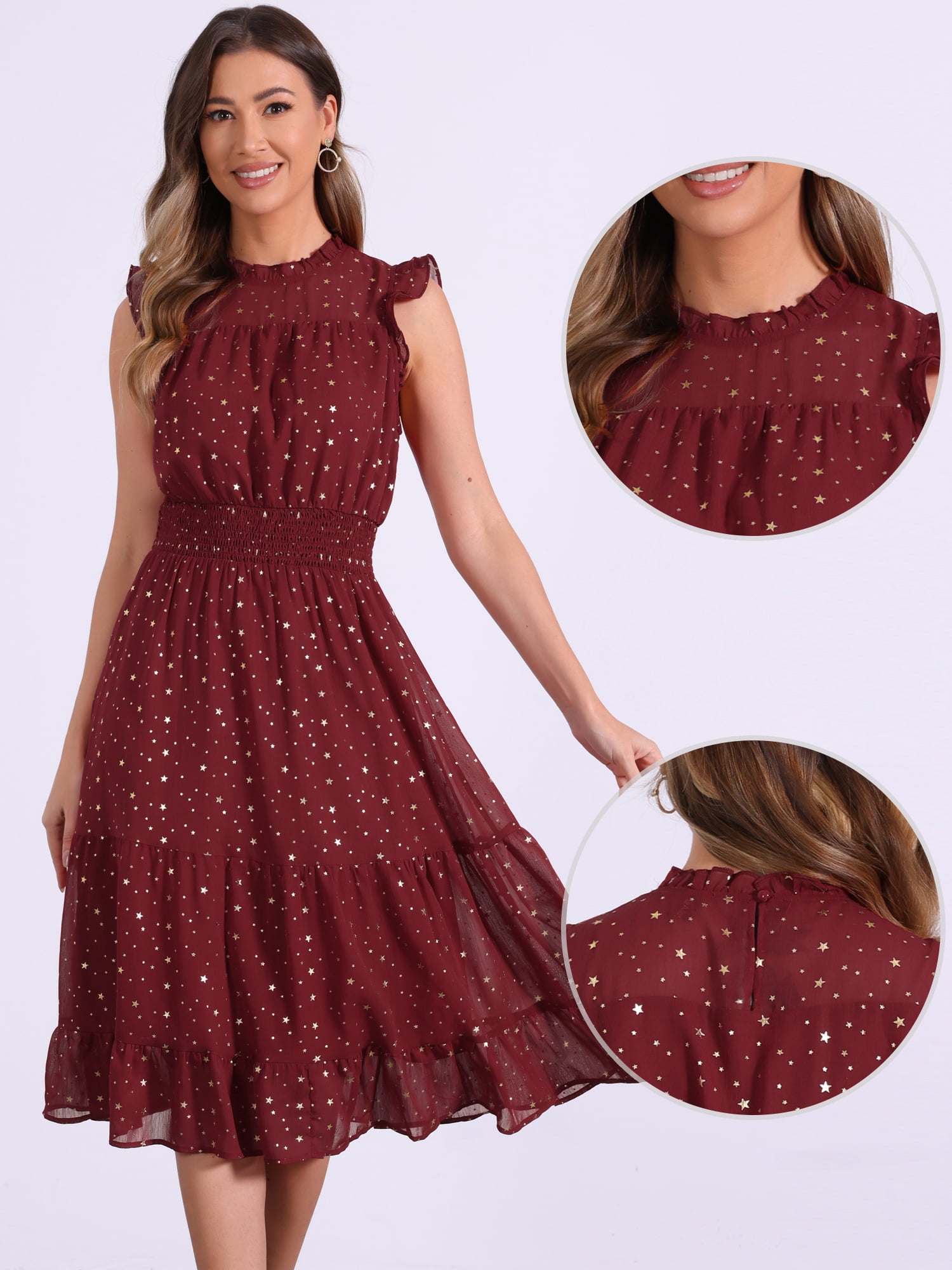 DARING DIVA Smocked Waist Gilding Metallic Stars Chiffon Dress XS Dark Red