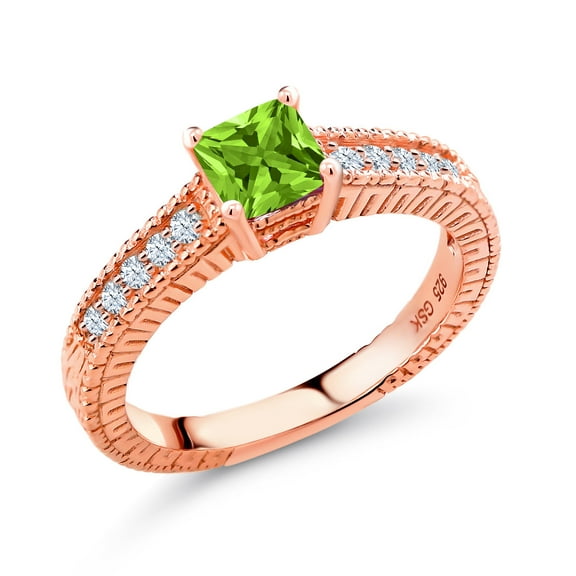 Gem Stone King 0.88 Ct Princess Cut Green Peridot White Created Sapphire 18K Rose Gold Plated Silver Ring (Size 8)