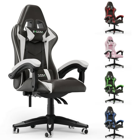 Bigzzia Gaming Chair Office Chair, Ergonomic Game Chair with Height Adjustable Headrest and Lumbar Support for Adults Teens, Black & White