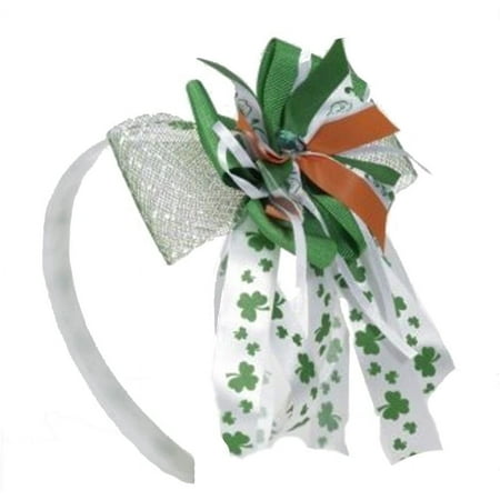 PMU St. Patrick's Day Headwear Decorations and Party Supplies - White, Green, Orange Ribbon Bow Headband with Shamrocks - Irish Costume, Party Accessory (1/pkg) Pkg/1