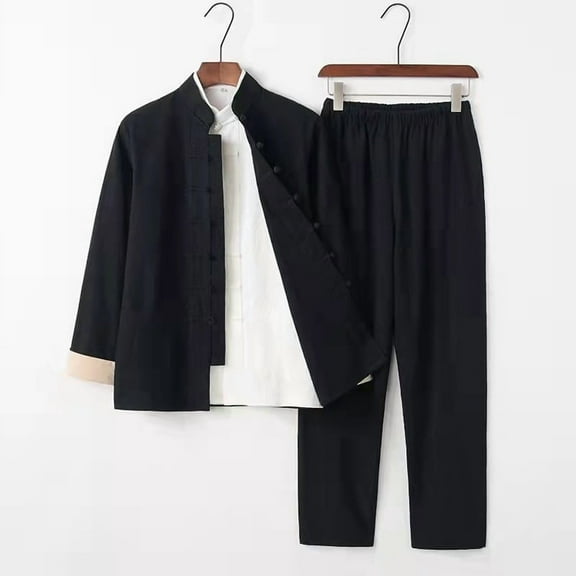 Double Layer Shirt Pants Outfit 3 Piece Set Taichi Uniform Chinese Traditional Clothing Tang Suit Men Cotton Linen Kung Fu Suit Martial Arts Meditation Suit
