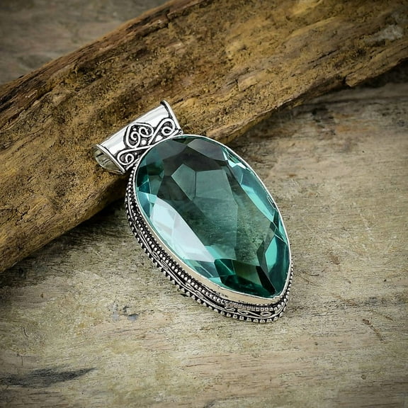 Aqua Apatite Gemstone Handmade 925 Sterling Silver Jewelry Pendant 1.97"