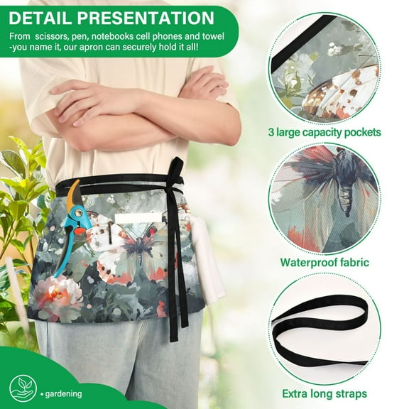 YAZAOO Aprons with Pockets for Server Aprons with 3 Pockets Water Resistant Half Waist Apron Butterfly on Floral