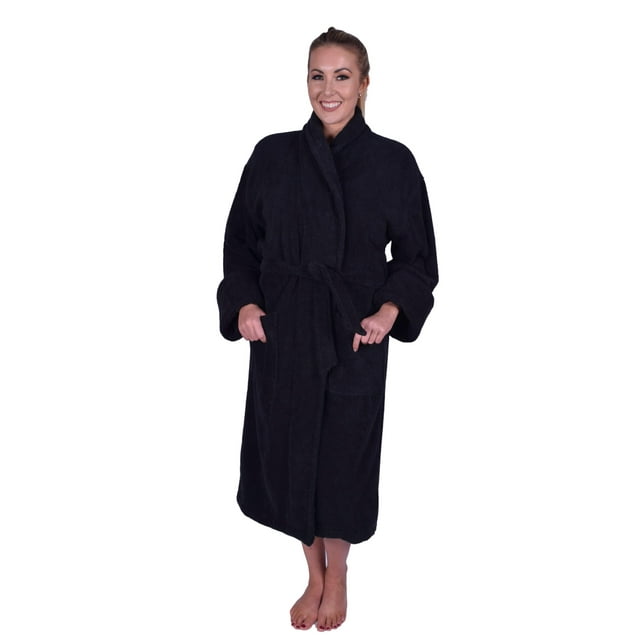 Puffy Cotton Unisex Thick Cotton Bathrobe for Adults Shawl Collar Bath Robe Natural Soft Cotton - Black