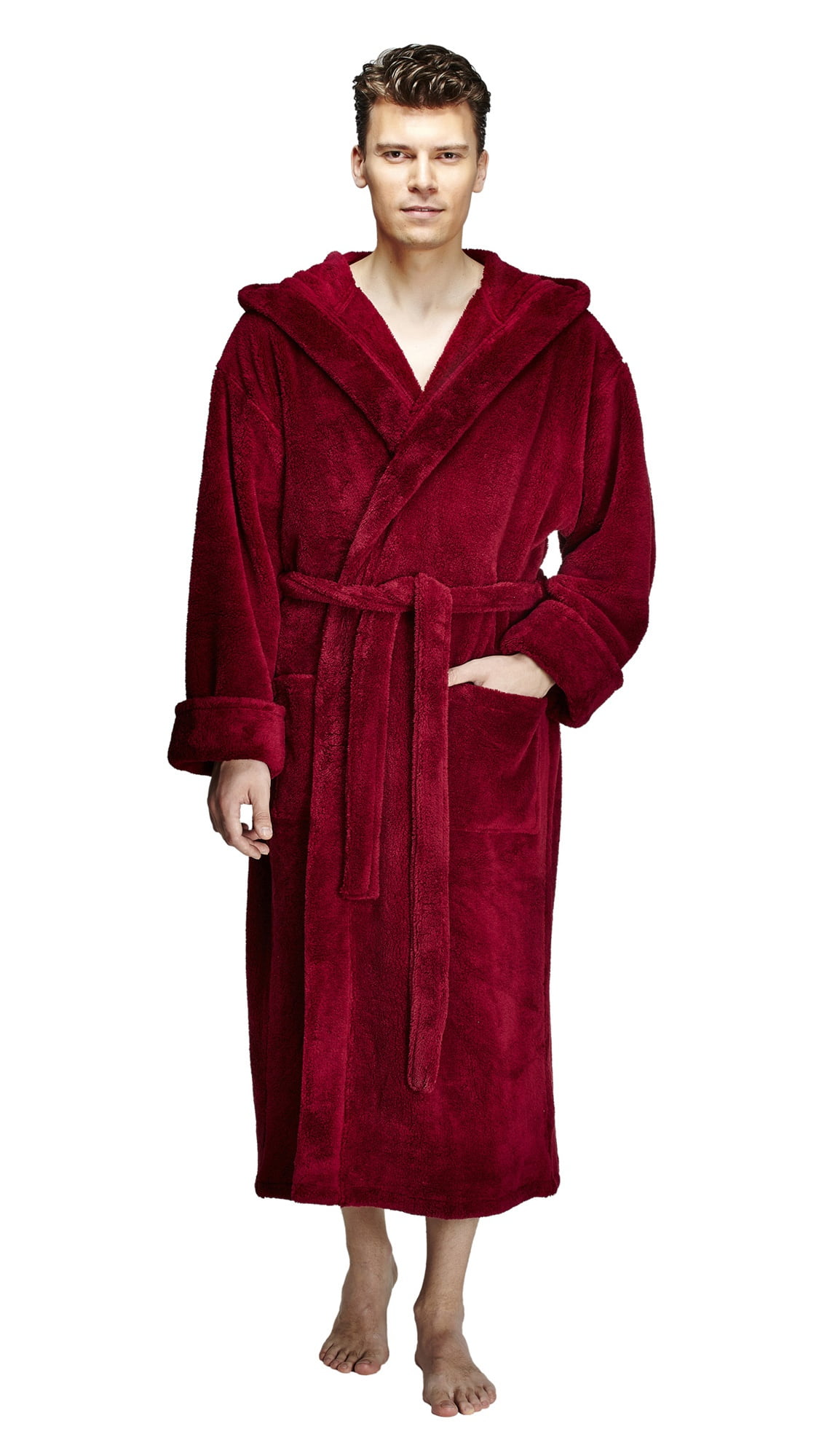 Men's Hooded Fleece Plush Robe Turkish Bathrobe, Wine, XXL