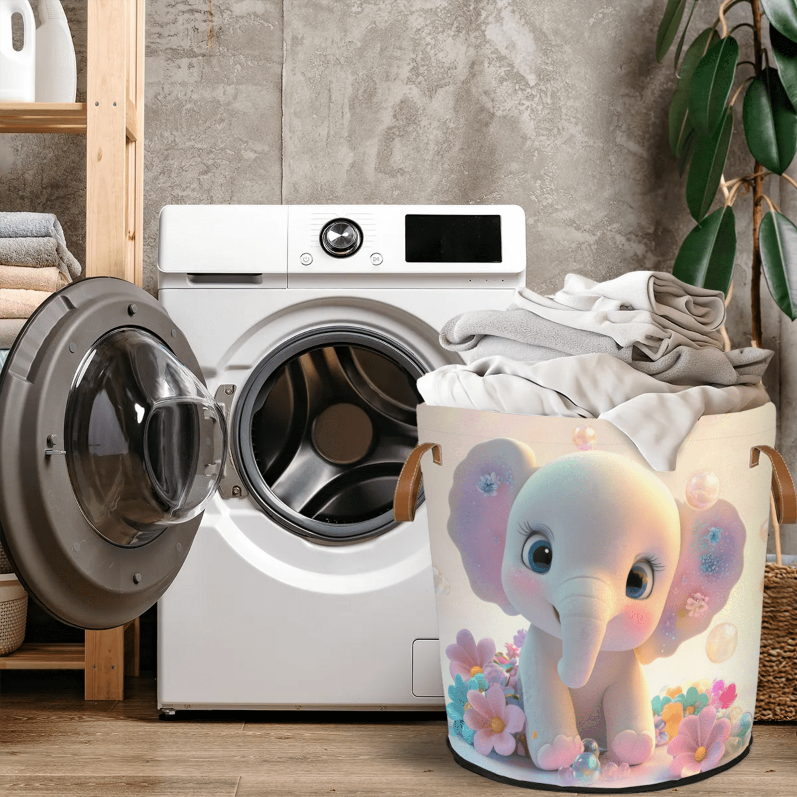 ADECORIVY Cute Baby Elephant Laundry Basket Flowers Waterproof Collapsible Hamper With Handles Oxford Cloth Dirty Clothes Tote for Bathroom, Bedroom, Living Room